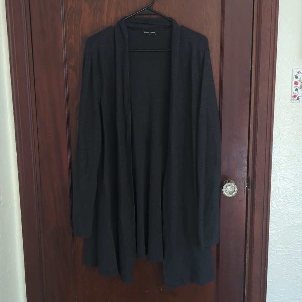 Eileen Fisher Dark Gray Merino Wool Lightweight Long Sleeve Cardigan Size XL